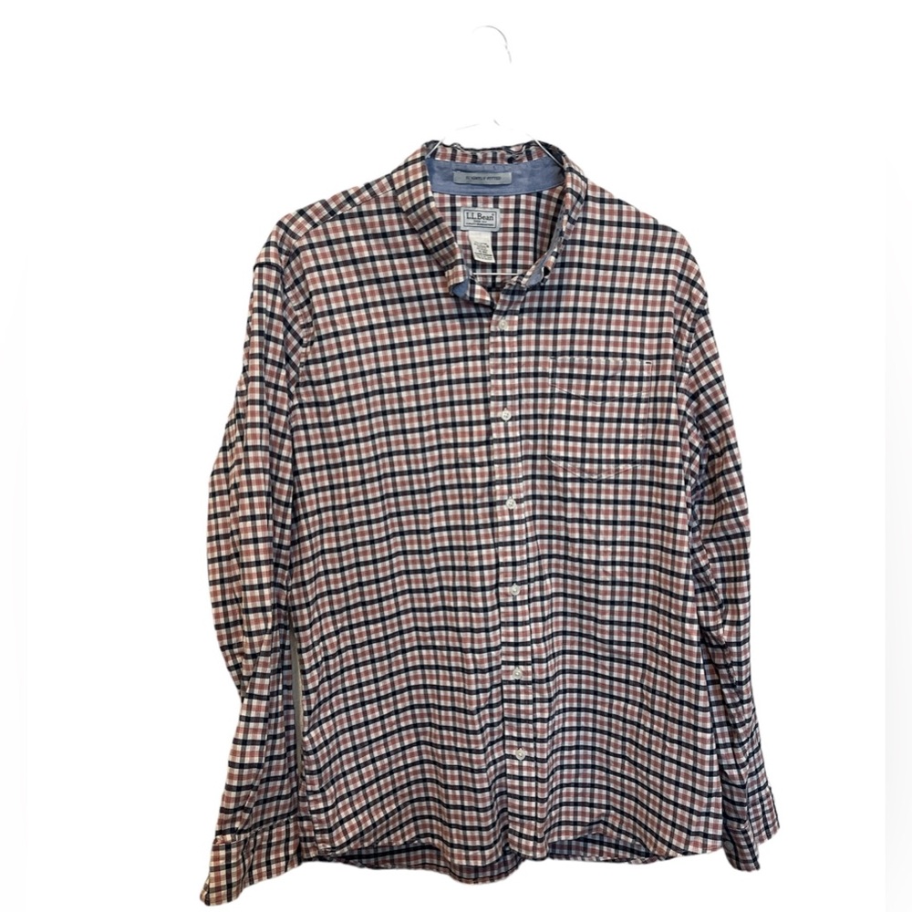L.L. Bean Shirt Men’s XL Cotton CoolMax Blue Orange Check Slightly Fitted *flaw*